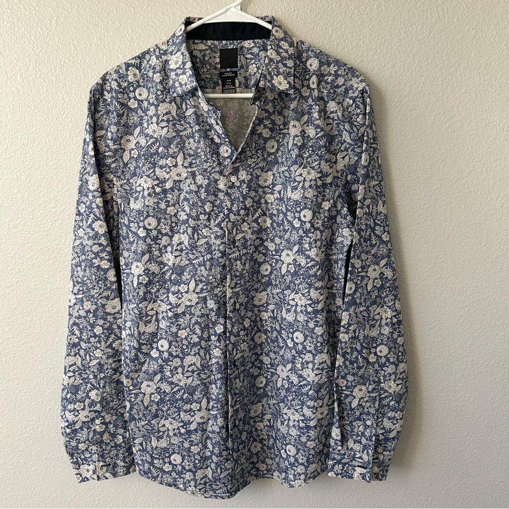 H&M Blue and White Floral Slim Fit Shirt